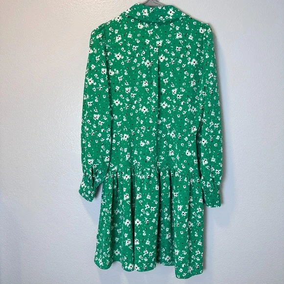 Karl Lagerfeld Paris Size-4 Green Floral Shirt Dress Long Sleeve Ruffle Zip - Picture 14 of 16